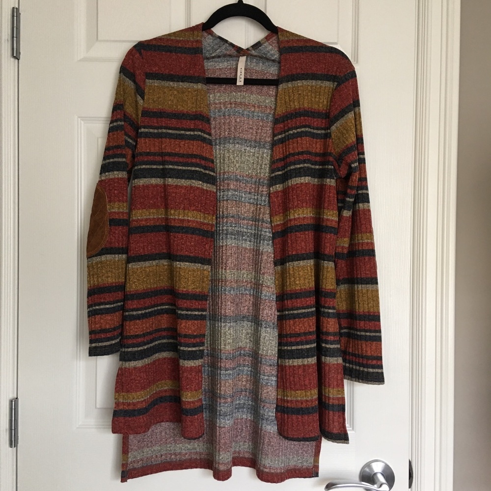 GILLI Striped Elbow Patch Open Cardigan High low